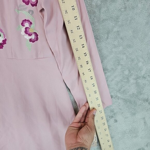 Nanette Lepore Demure Pink Mini Dress Womens Size 14 Embroidered Crepe Mock Neck - Picture 9 of 10